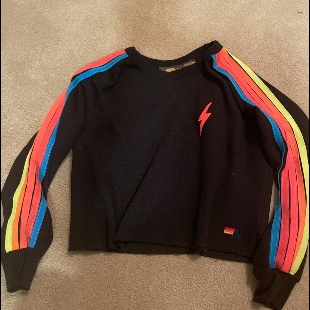 Aviator nation black 5 stripe neon cropped crew